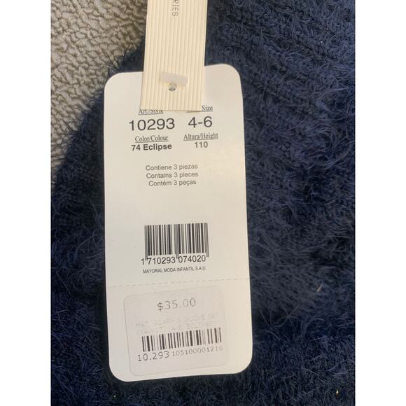 Mayoral Kids 4-6 Blue 3 in 1 Set  Fuzzy Pompom Hat Scarf Mitten New - Picture 3 of 5